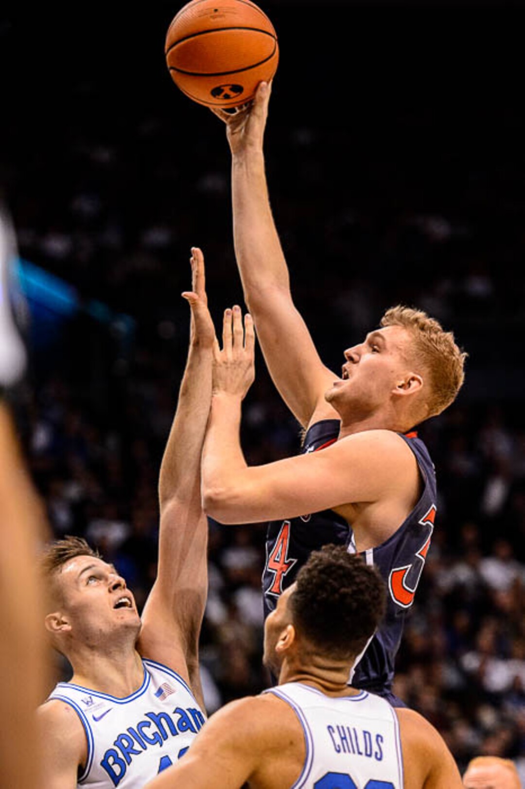 (Trent Nelson | The Salt Lake Tribune)   St. Mary's Gaels center Jock Landale (34) shoots over Brigham Young Cougars forward Luke Worthington (41) as BYU hosts the St. Mary's Gaels, NCAA basketball in Provo, Saturday December 30, 2017.