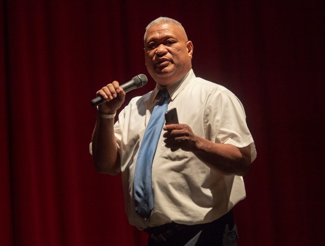 (Rick Egan  |  The Salt Lake Tribune)     Stone Fonua speaks to the Salt Lake County Democratic Party's Central Committee members, as one of 10 candidates vying the at-large Country Council seats left vacant by now-Salt Lake County Mayor Jenny Wilson, at Eisenhower Jr High, Saturday, Feb. 23, 2019.