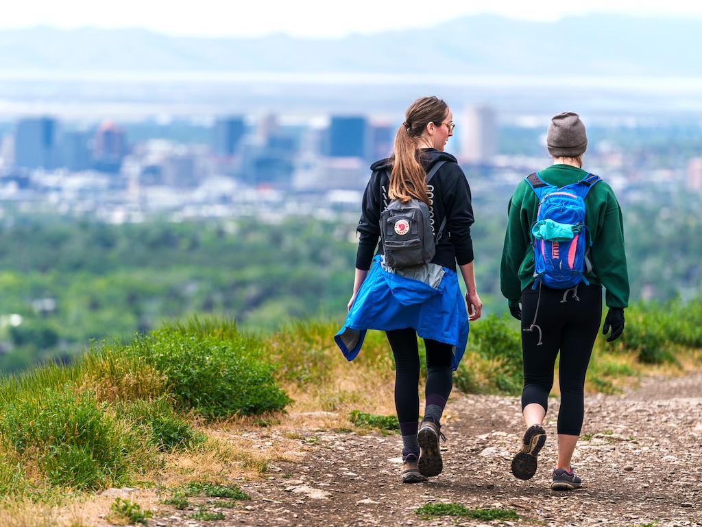 (Leah Hogsten | The Salt Lake Tribune)  Trekkers enjoy a walk along the Bonneville Shoreline Trail in Salt Lake City, Saturday, May 28, 2022. The city has extended its pause on construction of new trails in the foothills.