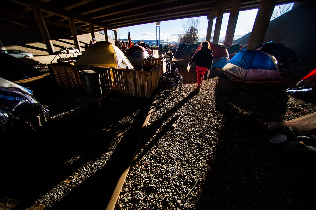 (Rick Egan | The Salt Lake Tribune) Camp Last Hope, was built on abandoned railroad tracks, under the freeway for protection from the rain and the snow. Tuesday, Jan. 5, 2021.