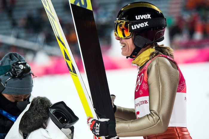 (Chris Detrick  |  The Salt Lake Tribune)  USA's Abby Ringquist after competing in the Ladies' Normal Hill Individual at the Alpensia Ski Jumping during the Pyeongchang 2018 Winter Olympics Monday, February 12, 2018.  Ringquist finished in 29th place with a total of 144.4.