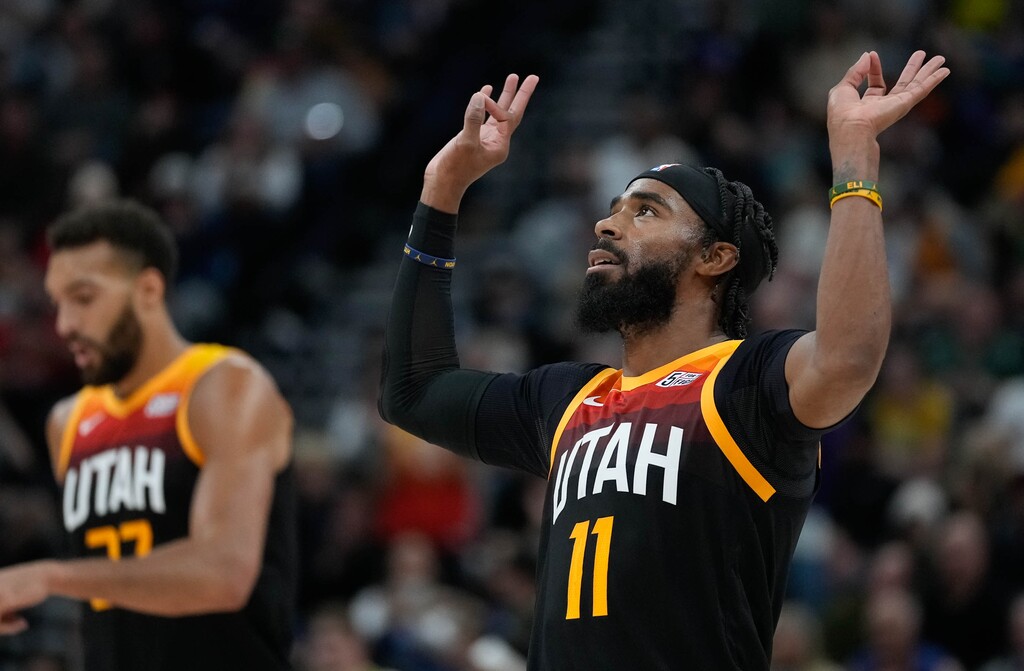 (Francisco Kjolseth | The Salt Lake Tribune) Utah Jazz guard Mike Conley (11) celebrates a three pointer as the Utah Jazz host the Sacramento Kings, NBA basketball in Salt Lake City on Tuesday, Nov. 2, 2021.