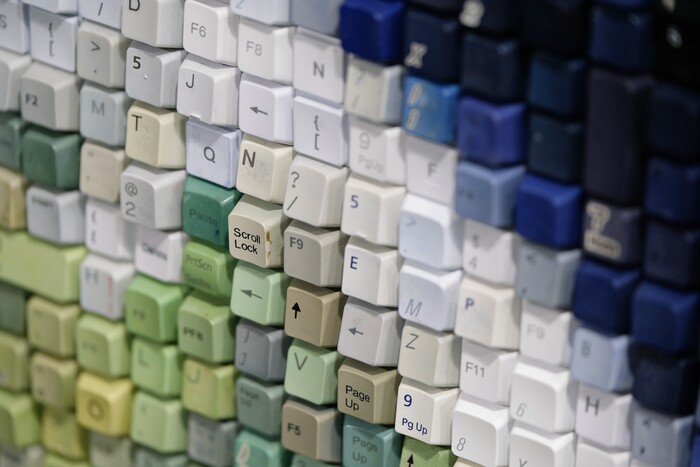 (Francisco Kjolseth  |  The Salt Lake Tribune)  Recycled keyboard keys, many of them dyed with color, make up the works by artist Erik Jensen on display for the annual 2019 Utah Arts Festival as it kicks off at Library Square and Washington Square in downtown Salt Lake City, Thursday, June 20, 2019, with visual and performance art of all varieties and food for all ages from June 20-23.