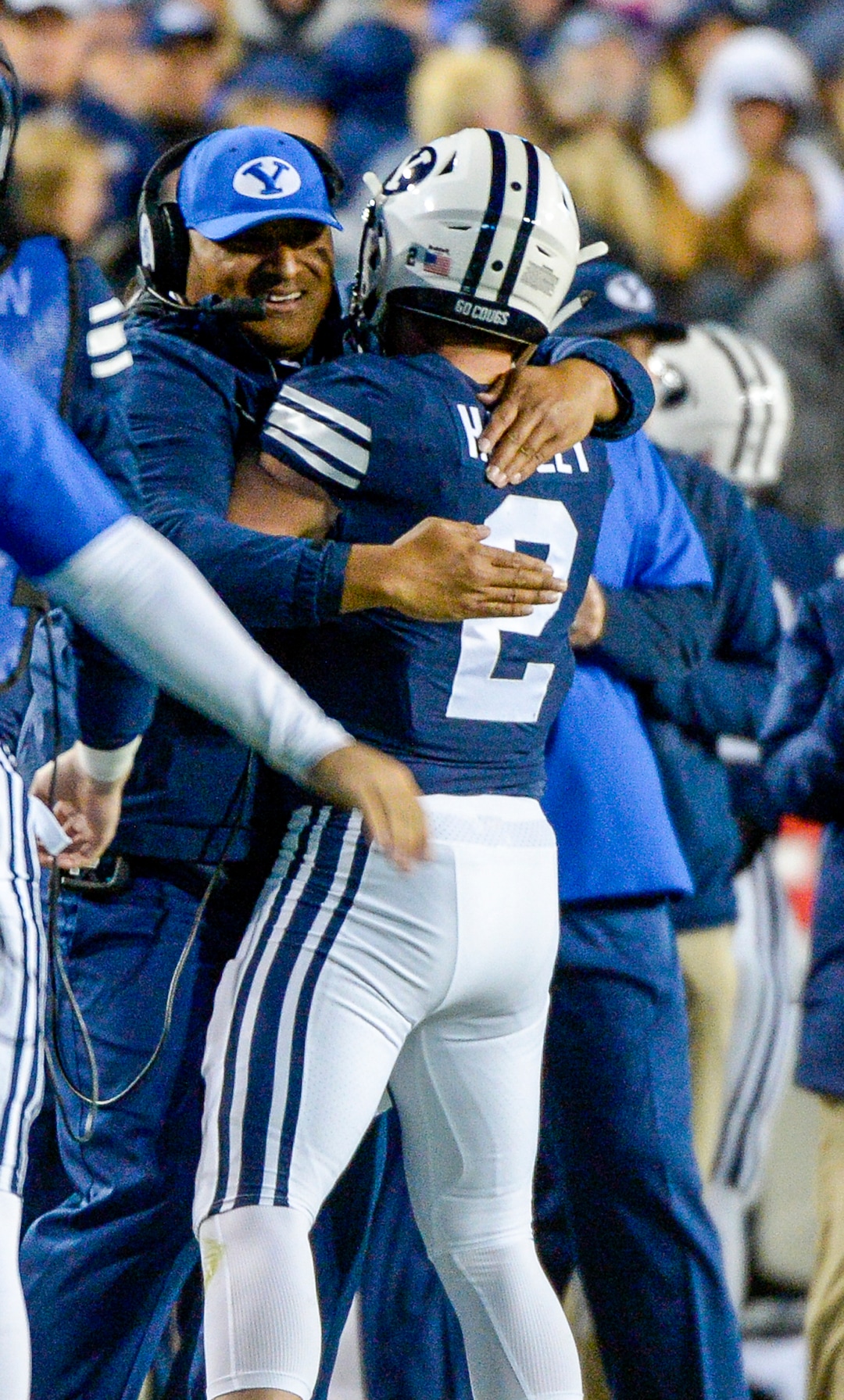 Leah Hogsten  |  The Salt Lake Tribune  Brigham Young Cougars running back Matt Hadley (2) celebrates his touchdown run with BYU head coach Kalani Sitake as Brigham Young University hosts Hawaii at Lavell Edwards Stadium in Provo, Saturday Oct. 13, 2018. 