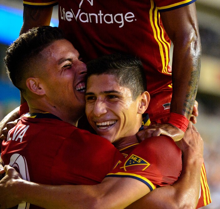 (Steve Griffin | The Salt Lake Tribune) Real Salt Lake midfielder Luis Silva (20), left, celebrates with teammates after scoring a goal during match against San Jose at Rio Tinto Stadium in Sandy Wednesday August 23, 2017.
