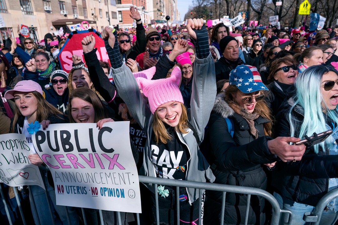 People cheer as they listen to a speaker as they take part in a march highlighting equal rights and equality for women Saturday, Jan. 20, 2018, in New York. The New York protest was among more than 200 such actions planned for the weekend around the world.   (AP Photo/Craig Ruttle)