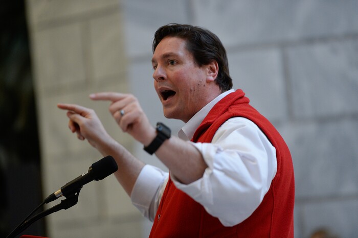 (Francisco Kjolseth  |  The Salt Lake Tribune)  Alan Ormsby, State Director of the AARP encourages people to contact their representatives as over 300 demonstrators fill the Capitol rotunda on Monday, Jan, 28, 2019, on the first day of the Legislative session to rally in support of protecting Proposition 3, the Medicaid Expansion law recently passed by voters.