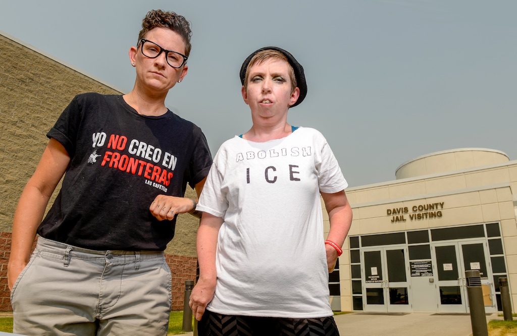 Leah Hogsten | The Salt Lake Tribune l-r Lesley Shaw and Psarah Johnson say they experienced inappropriate behavior by Davis County officers after their July 12, 2018 arrest at Management and Training Corporation for suspicion of trespassing, disorderly conduct and resisting arrest during a protest of the MTC's operations of Immigration and Customs Enforcement (ICE) detention centers in California, New Mexico and Texas. For Shaw, who is transgender, it was an invasive line of questioning into their transitioning and was asked to expose their chest and back tattoos for photographs, something not asked of the other seven who were arrested. For Johnson, it was how she said the system is inept at dealing with people in wheelchairs.
