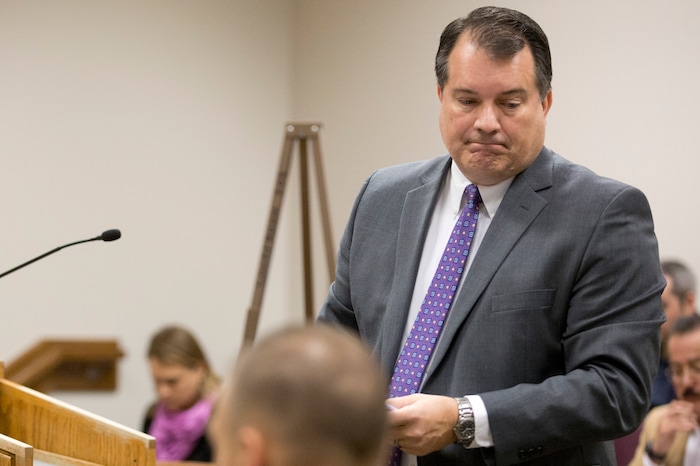 Gregory Stewart, a defense attorney for Tyerell Przybycien, leaves the podium after his remarks during the sentencing for Przybycien in the 4th District Court on Friday, Dec. 7, 2018, in Provo.