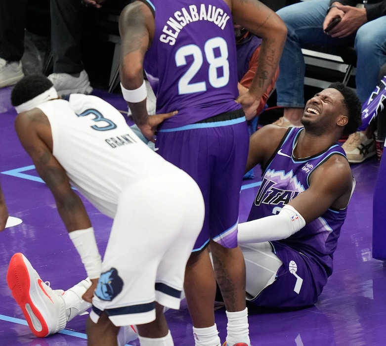 (Francisco Kjolseth | The Salt Lake Tribune) Utah Jazz forward Jaren Jackson Jr. (20) winces in pain during an NBA game against the Memphis Grizzlies at the Delta Center on Monday Oct. 26, 2026.