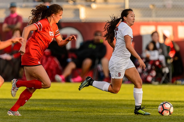(Trent Nelson | The Salt Lake Tribune) Stanford Michelle Xiao (5) on a goal-scoring drive as the University of Utah hosts Stanford, NCAA Women's Soccer in Salt Lake City Thursday October 5, 2017.