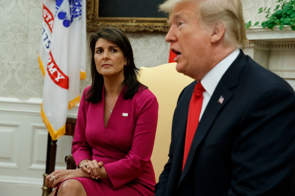 (AP Photo/Evan Vucci) President Donald Trump speaks during a meeting with outgoing U.S. Ambassador to the United Nations Nikki Haley in the Oval Office of the White House, Tuesday, Oct. 9, 2018, in Washington.