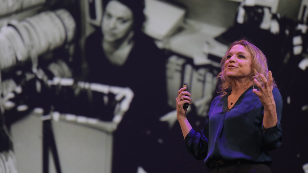 (Hugo Wong  |  Sundance Institute) Nina Menkes delivers her talk on the movies' links to sex and power, in the documentary "Brainwashed: Sex-Camera-Power," directed by Menkes, an official selection of the Premieres section at the 2022 Sundance Film Festival.