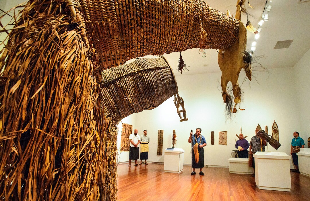 (Steve Griffin  |  The Salt Lake Tribune)  High Talking Chief Namulauulu Tavan joins members of Salt Lake City's Pacific Islander community as he blesses the Arts of the Pacific gallery in the newly renovated Utah Museum of Fine Arts on the University of Utah campus in Salt Lake City Tuesday August 8, 2017.  Elders from the local Maori and Samoan communities performed ceremonial dances, chants and oration to welcome the objects back on view and to thank Museum staff for continued care of their cultural objects.