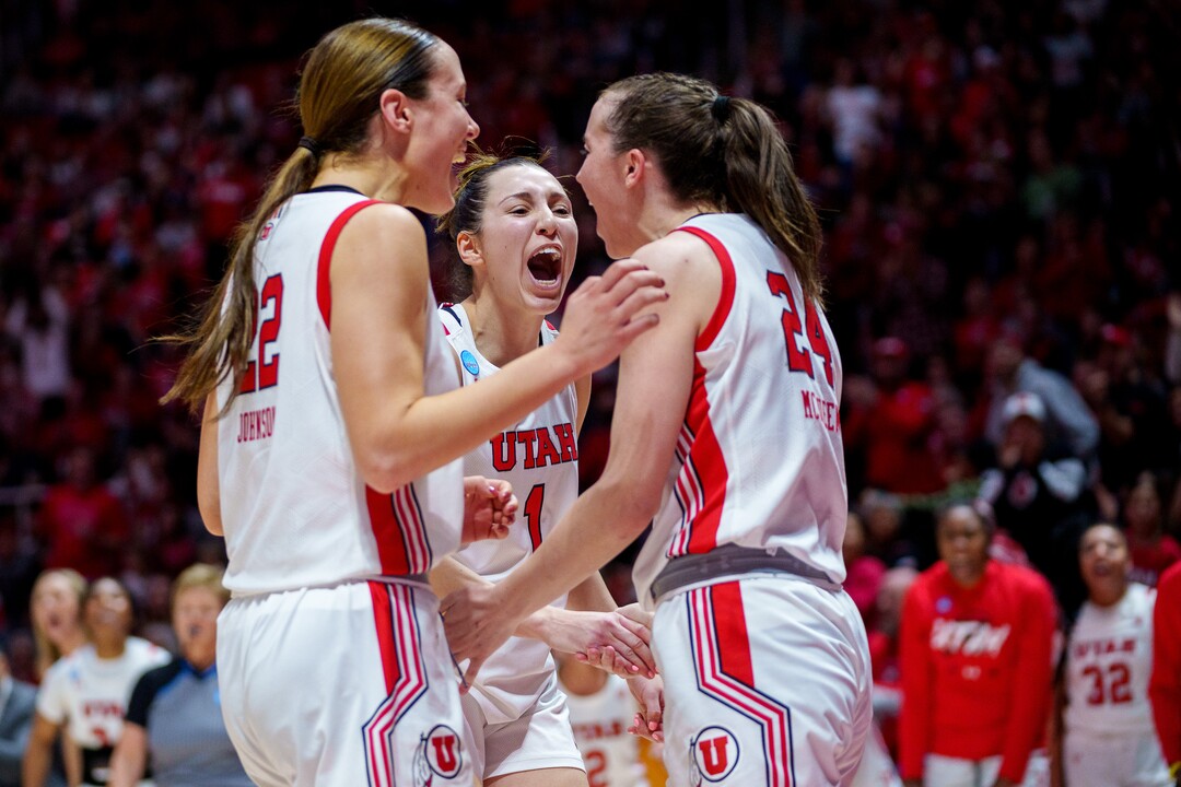 (Trent Nelson  |  The Salt Lake Tribune) Utah Utes forward Jenna Johnson (22), Utah Utes guard Issy Palmer (1) and Utah Utes guard Kennady McQueen (24) celebrate as Utah hosts Princeton, NCAA basketball in Salt Lake City on Sunday, March 19, 2023.