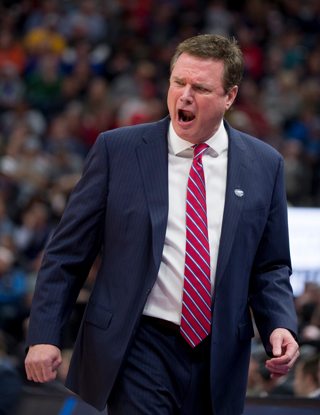 (Leah Hogsten  | The Salt Lake Tribune) Kansas Jayhawks head coach Bill Self reacts as Auburn faces Kansas in the second round of the NCAA tournament in Salt Lake City on Saturday, March 23, 2019.