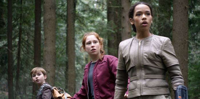 (Courtesy of Netflix) Max Jenkins as Will, Mina Sundwall as Penny, and Taylor Russell as Judy in “Lost in Space.”