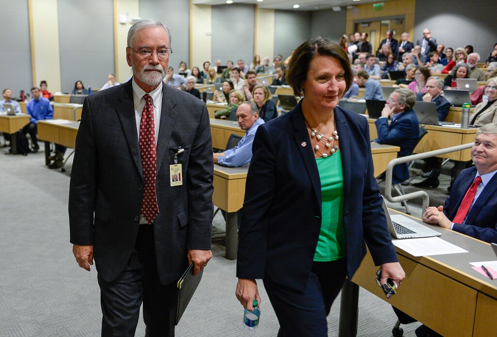 Francisco Kjolseth | The Salt Lake Tribune
A. Lorris Betz, the interim U. Health Care CEO at the University of Utah and Ruth Watkins, Sr. VP of Academic Affairs leave a meeting held by University President David Pershing at the Spencer F. and Cleone P. Eccles Health and Sciences Building on Monday, May 1, 2017, to address plans moving forward in finding a replacement for former Health Care CEO Vivian Lee.