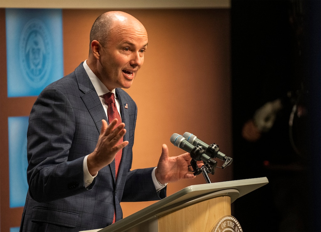 (Rick Egan | The Salt Lake Tribune) Gov. Spencer Cox speaks to media during a monthly news conference in Salt Lake City, Wednesday, Dec. 20, 2023.