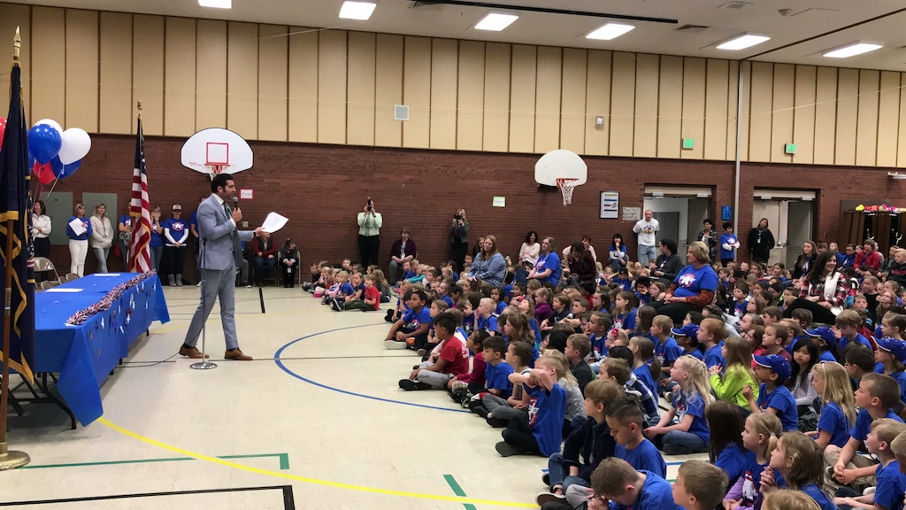 (Photo courtesy Sandy City) Sandy Mayor Kurt Bradburn speaks to a group of elementary students at Altara Elementary School on Tuesday, April 17, where he signed the city's first idle-free ordinance. Students from the school had lobbied the city to limit vehicle emissions.