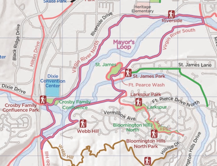 The Mayor's Loop trail in St. George, Utah, shown here in pink.