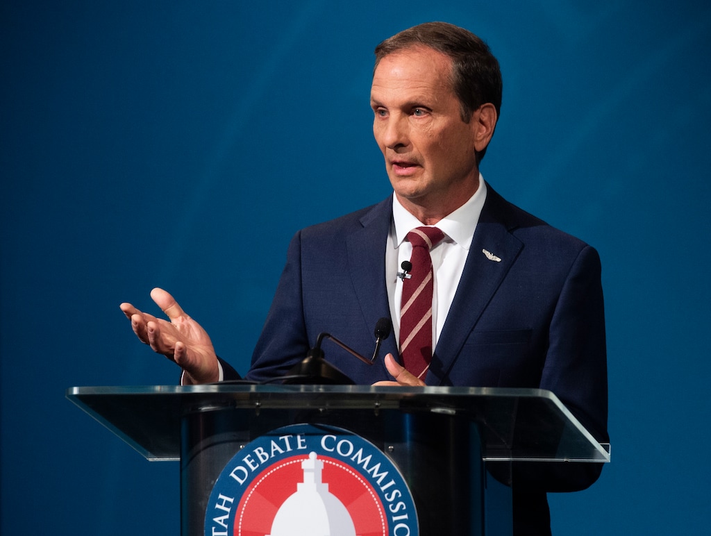 (Rick Egan  |  Tribune file photo)   Chris Stewart (R) speaks during the 2nd Congressional District debate between J. Robert Latham (L), Chris Stewart (R) and Kael Weston (D), at KSL Studio in Salt Lake City, on Monday, October 19, 2020
