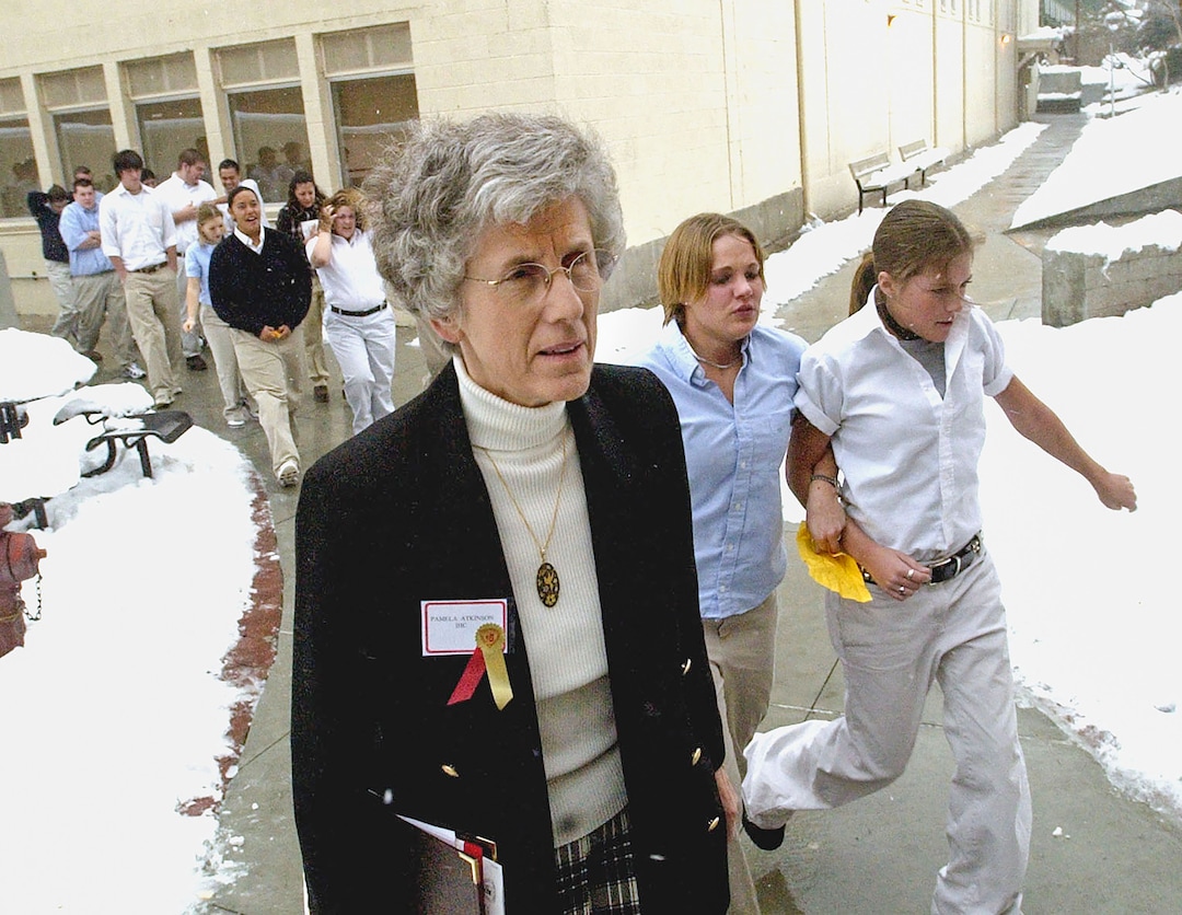 (Al Hartmann | The Salt Lake Tribune) Pamela Atkinson makes her way to a lecture at Judge High School in 2001.