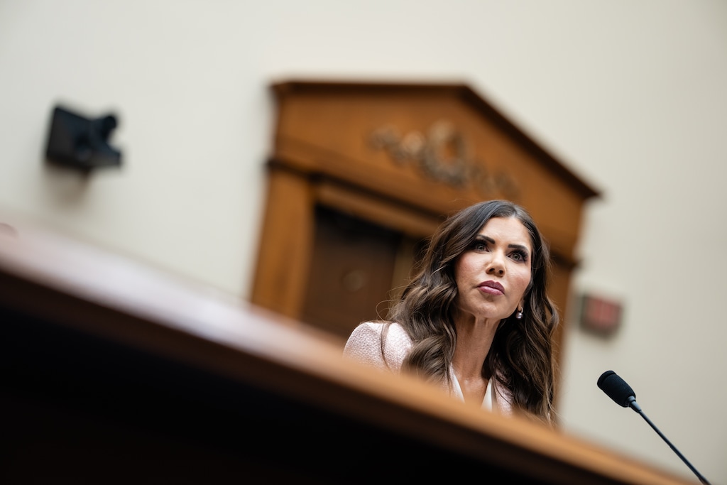 (Eric Lee | The New York Times) Homeland Security Secretary Kristi Noem testifies during a House Judiciary Committee hearing on oversight of the Homeland Security Department on Capitol Hill in Washington, on Wednesday, March 4, 2026. President Donald Trump fired Noem on Thursday and announced plans to replace her with Sen. Markwayne Mullin (R-Okla.).