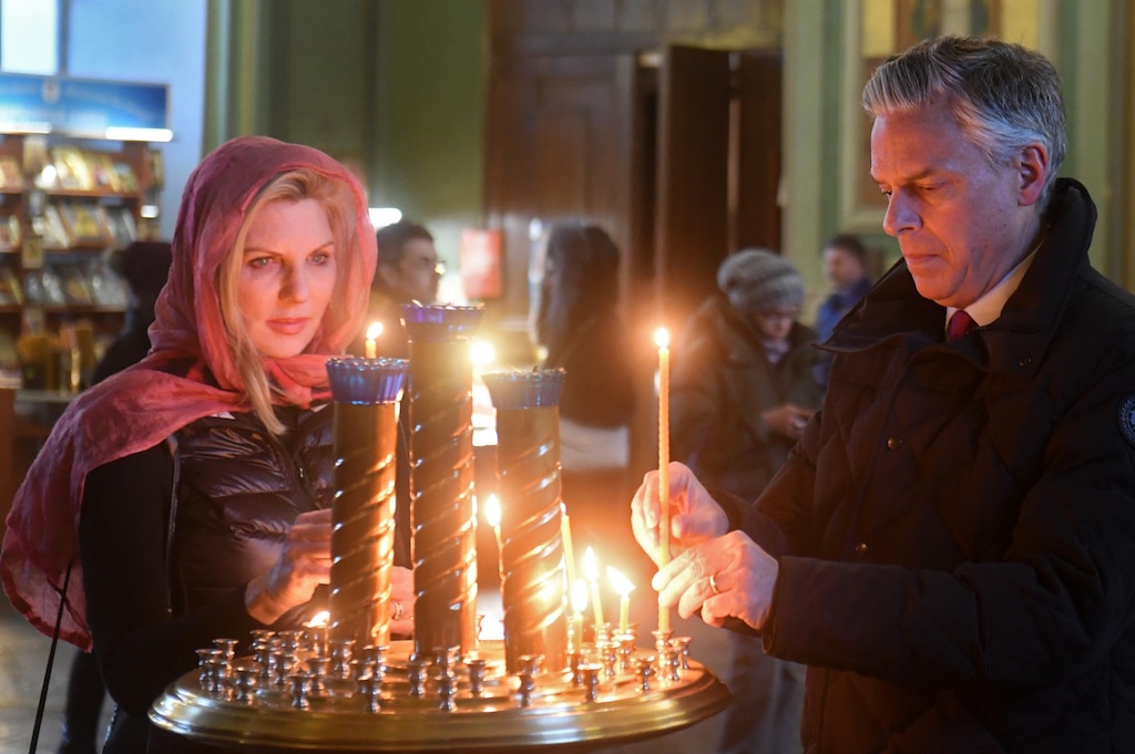 (Maksim Bogodvid  |  Sputnik via AP) US Ambassador to Russia Jon Huntsman and his wife Mary Kaye visit the Annunciation Cathedral as they tour the Kazan Kremlin on Feb. 26, 2018.