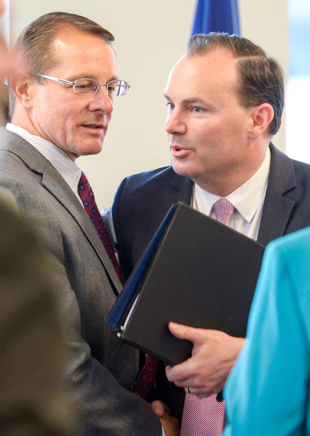Leah Hogsten  |  The Salt Lake Tribune  Sen. Mike Lee greets Rep. Ken Ivory, R-West Jordan before Lee took the podium to talk about Utah's public lands at a forum hosted by the Sutherland Institute, June 29, 2018.