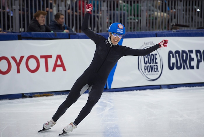 (Scott Sommerdorf   |  The Salt Lake Tribune)   
Lana Gehring celebrates after winning the women's 1000 meter final #2 and cinching her spot on the US Olympic team during day 3 of the U.S. short-track Olympic Team Trials at the Utah Olympic Oval, Sunday, December 17, 2017.  
