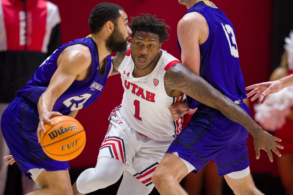 (Trent Nelson  |  The Salt Lake Tribune) Utah Utes guard David Jenkins Jr. (1) as the Utah Utes host the Westminster Griffins, NCAA basketball in Salt Lake City on Thursday, Nov. 4, 2021.