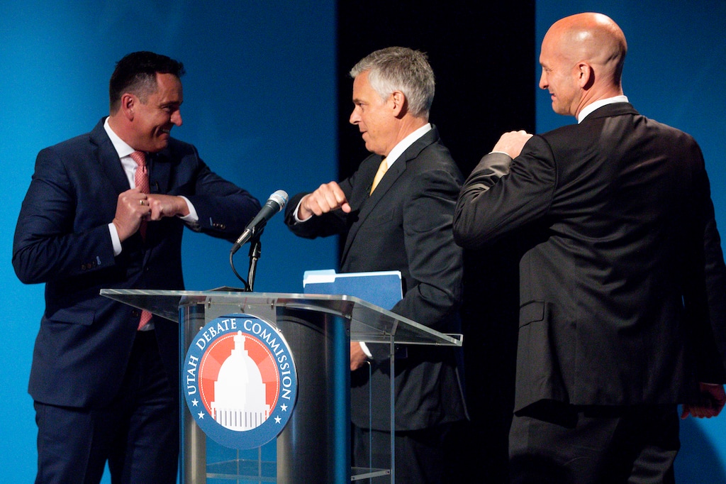 (Ivy Ceballo | Deseret News, pool) Former House Speaker Greg Hughes bumps elbows former Gov. Jon Huntsman while former Utah GOP Chairman Thomas Wright goes in for an elbow bump too following the Utah Gubernatorial Republican Primary Debate at the PBS Utah studio at the University of Utah in Salt Lake City on Monday, June 1, 2020.
