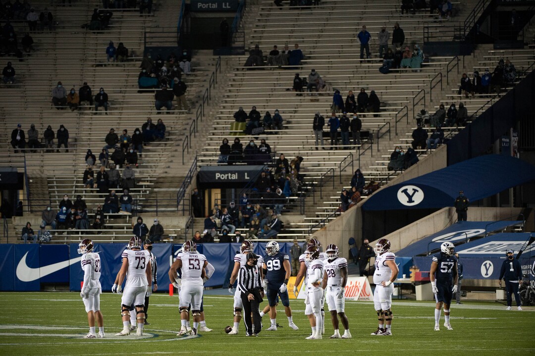 (Francisco Kjolseth  |  The Salt Lake Tribune) Limited tickets allowed for few fans in the stands due to the coronavirus pandemic as BYU takes on Texas State during an NCAA college football game at LavVell Edwards Stadium, Saturday, oct. 24, 2020, in Provo, Utah.
