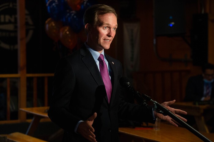 (Francisco Kjolseth  |  The Salt Lake Tribune) Democratic Rep. Ben McAdams, looking to retain his seat for Utah’s 4th Congressional District, conducts an interview as he keeps an eye on vote count from his small election watch party at Pat’s BBQ in Salt Lake City, Tuesday, Nov. 3, 2020.