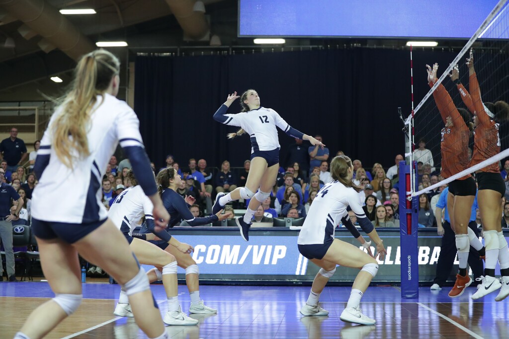 BYU's Roni Jones-Perry rises in search of a spike during the Cougars' win over Texas on Saturday night.
