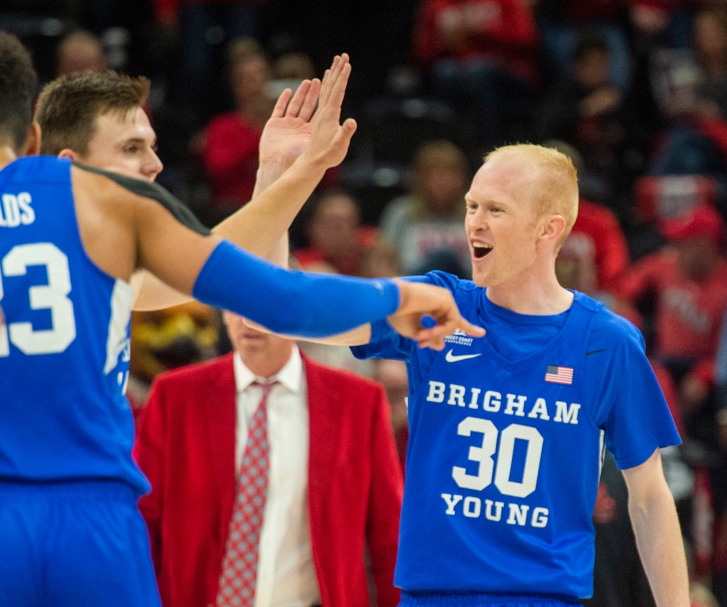 (Rick Egan | Tribune file photo) Brigham Young guard TJ Haws celebrates as the Cougars during the Beehive Classic game against the Utah Utes at the Vivint Smart Home Arena on Saturday. During the Cougars' game against Portland State on Wednesday night, Haws scored a career-high 30 points, leading them to a 85-66 victory.