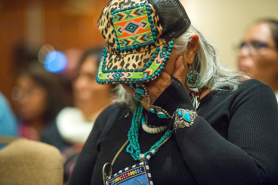 (Chris Detrick  |  The Salt Lake Tribune) Puebloan Laguna tribe member Renie Medina weeps during a press conference at the Salt Lake Marriott City Center Monday, December 4, 2017.  