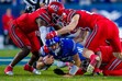 (Trent Nelson  |  The Salt Lake Tribune) BYU Cougars quarterback Bear Bachmeier (47) dives as BYU hosts Utah, NCAA football at LaVell Edwards Stadium in Provo on Saturday, Oct. 18, 2025.
