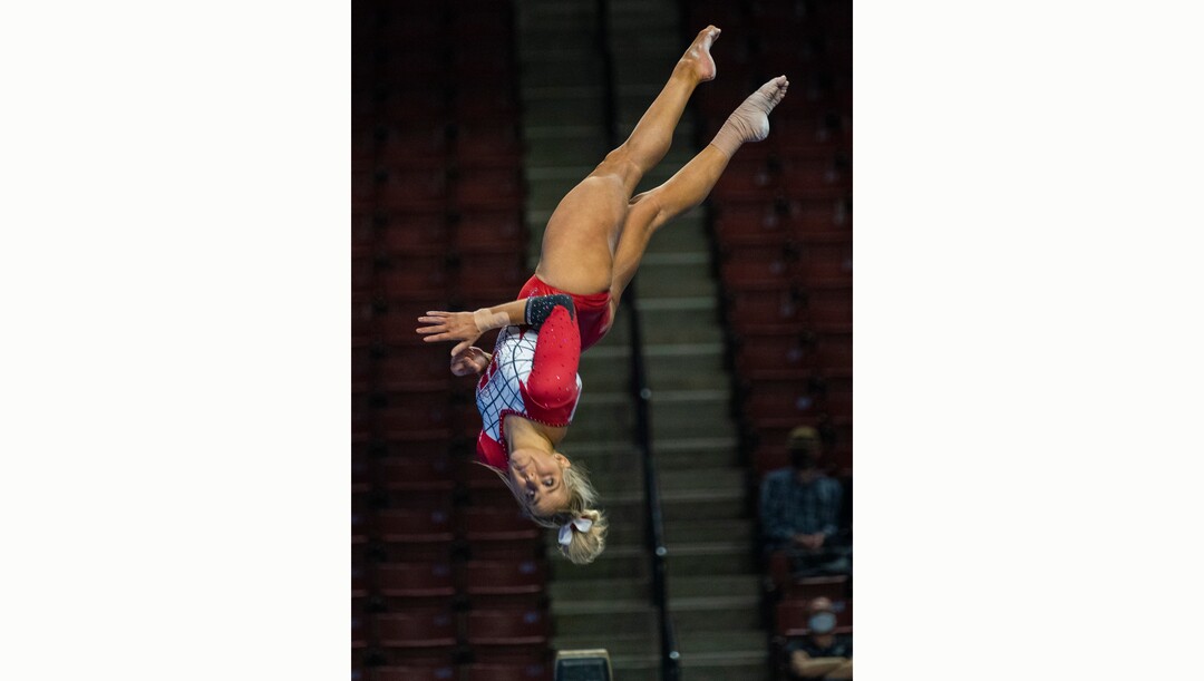 (Rick Egan | The Salt Lake Tribune) Adrienne Randall competes on the bean for Utah in the PAC-12 Gymnastics Championship tournament at the Maverik Center, on Saturday, March 20, 2021.