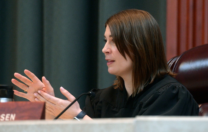 (Al Hartmann  |  The Salt Lake Tribune) 	
Utah Supreme Court Justice Paige Petersen questions federal public defender Charlotte Merril at the Utah Supreme Court Wednesday Jan. 10. The court heard arguments regarding Anthony Michael Archuleta, 55, who has been on death row since his conviction in 1989 for the Nov. 21, 1988, torture slaying of Gordon Ray Church, a 28-year-old Southern Utah State College theater student, at a remote location in Millard County. In separate trials, Archuleta and co-defendant Lance Conway Wood each were convicted of capital murder. Wood was sentenced to life in prison. Archuleta was sentenced to death. 