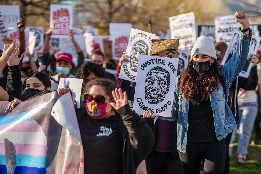 (Trent Nelson  |  The Salt Lake Tribune) People march in Salt Lake City on Tuesday, April 20, 2021 to mark the conviction of Derek Chauvin for the murder of George Floyd.