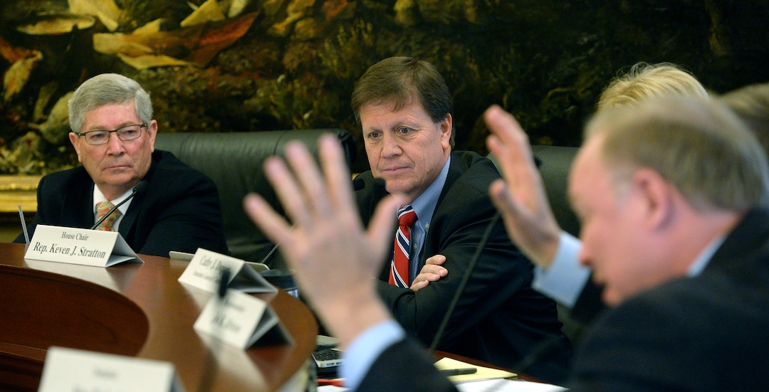 Al Hartmann  |  The Salt Lake TribuneSen. Jim Dabakis, D-Salt Lake City, right, a member of the Commission for the Stewardship of Public Lands angrily asks why no one aside from chairmen Senator David Hinkins, R- Orangeville, left, Rep. Kevin Stratton, R-Orem, center, the governor and attorney general have access to legal papers from lawyers who would lead the state's land fight that would cost nearly 14 million dollars. 