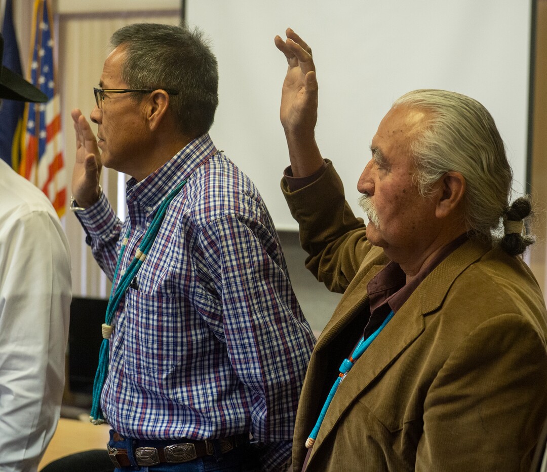 (Rick Egan  |  The Salt Lake Tribune)   
Kenneth Maryboy and Willie Grayeyes, are sworn in to the San Juan County Commission, at the San Juan County Courthouse in Monticello, Monday, Jan. 7, 2019.