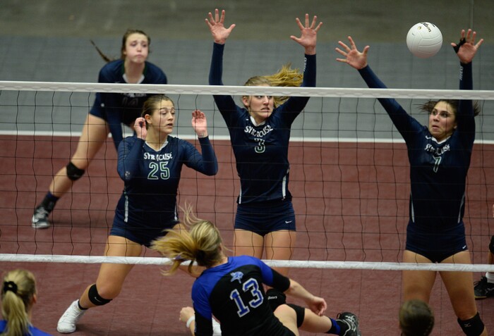 (Francisco Kjolseth  |  The Salt Lake Tribune)  Pleasant Grove battles Syracuse in their quarterfinal match at the UCCU Center at Utah Valley University on Thursday, Nov. 2, 2017. Pleasant Grove went on to win in three straight sets.