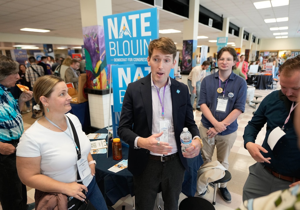(Francisco Kjolseth | The Salt Lake Tribune) Nate Blouin, running for Utah’s newly drawn 1st Congressional District, speaks with delegates during the Salt Lake County Democratic Party's convention at Highland High School on Saturday, April 11, 2026. 