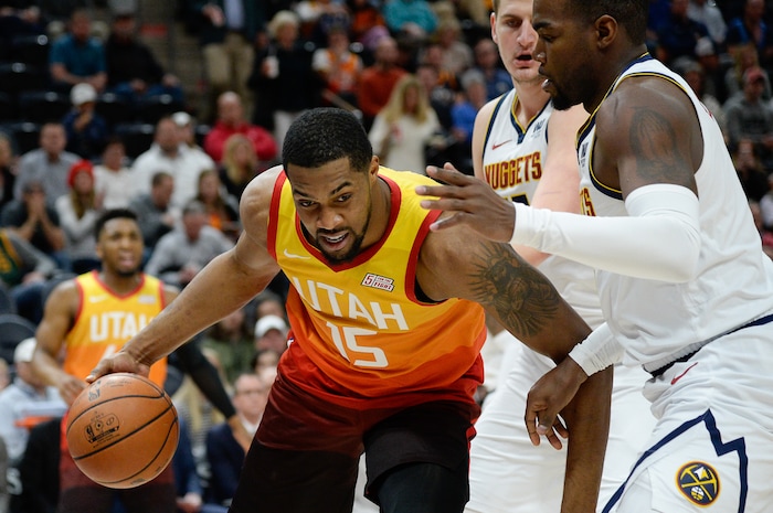 (Francisco Kjolseth  |  The Salt Lake Tribune)  Utah Jazz forward Derrick Favors (15) as the Utah Jazz host the Denver Nuggets in their NBA game at Vivint Smart Home Arena Tuesday, April 9, 2019, in Salt Lake City.