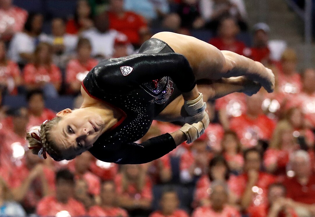 Utah's Tiffani Lewis competes on the floor exercise during the NCAA college women's gymnastics championships, Saturday, April 15, 2017, in St. Louis. (AP Photo/Jeff Roberson)