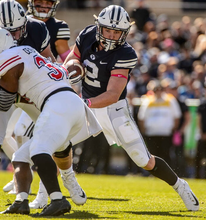 (Trent Nelson | The Salt Lake Tribune)  
Brigham Young Cougars running back Matt Hadley (2) as BYU hosts Northern Illinois, NCAA football in Provo, Saturday Oct. 27, 2018.
