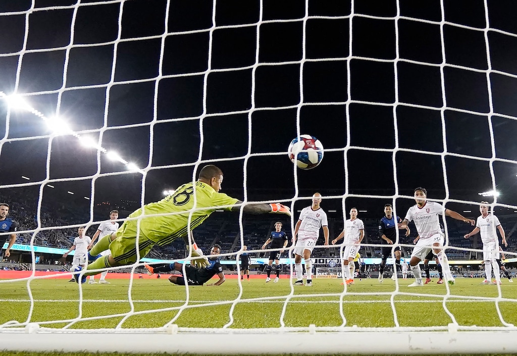 (Tony Avelar | AP) Real Salt Lake goalkeeper Nick Rimando (18) can't stop a shot for goal by San Jose Earthquakes forward Danny Hoesen during the second half of an MLS soccer match Saturday, July 6, 2019, in San Jose, Calif. San Jose won 1-0.